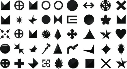 Variety of Black Geometric Shapes and Symbols: Circle, Star, Triangle, Leaf, Heart, Arrows.