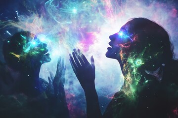 Naklejka premium A world where people communicate telepathically, with emotions appearing as glowing auras