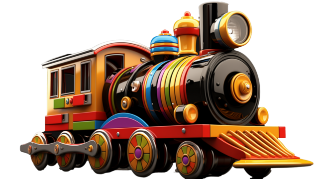 A colorful toy train with a black background in a studio shot setting