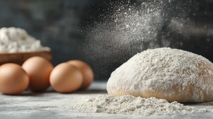 A rustic setting featuring flour, eggs, and a hint of dough highlights the essentials of baking, showcasing culinary creativity and the joy of homemade cooking.