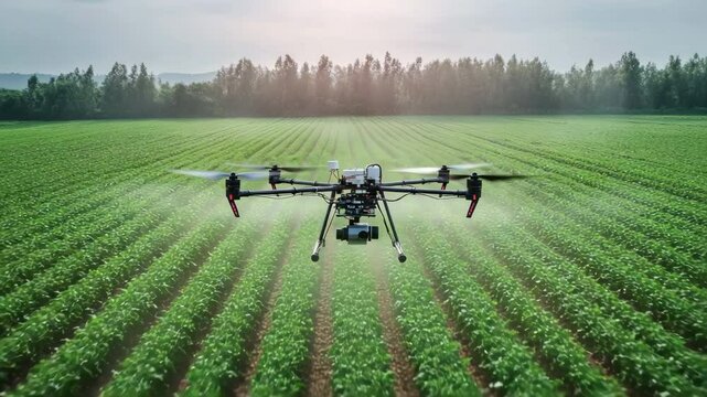 Agricultural drone spraying crops.