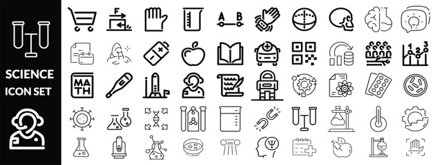 Science Icon set. Science and research line icons collection. Big UI icon set in a flat design. Thin outline icons pack. Vector illustration