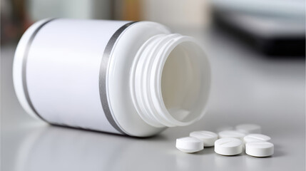 An open pill bottle lying on its side with white tablets spilled out onto a clean, grey surface.