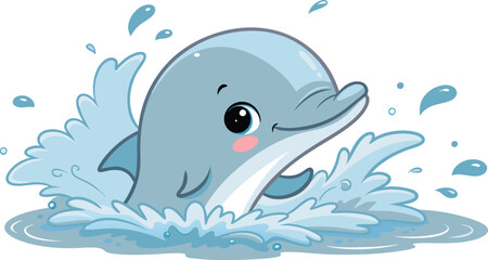 Obraz premium Playful Baby Dolphin Face with Wink and Water Splash Cute Kawaii Sea Animal Vector on White Background.