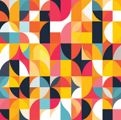 Colorful geometric pattern featuring squares and quarter circles in bright hues design 