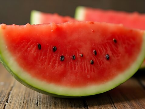 Fresh watermelon slice on rustic table with juicy texture and vibrant red color.