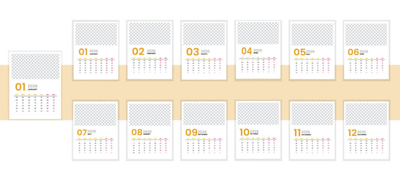 Unique modern colorful 2026 new year calendar design.New Calender design template 2026 vactor design wall calender12 month.Wall calendar design template for 2026, minimalist, clean, and elegant design