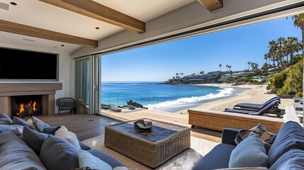 Fototapeta premium Beach house living room with ocean-inspired decor, large windows providing beach views, rattan and wood accents