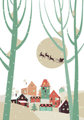 Santa Claus sleigh with reindeer fly over the city and throws gifts on the background of the moon. Vector greeting card