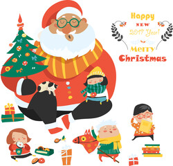 Cartoon Santa with kids. Vector greeting card