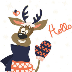 Reindeer says hello at vector greeting card