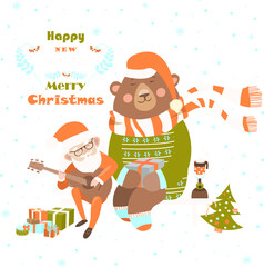 Santa Claus is playing guitar for the bear. Vector illustration