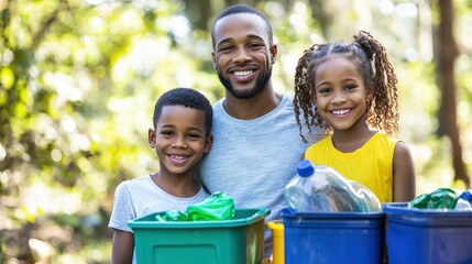 A family of three, consisting of a father, son, and daughter, standing outdoors in a lush green forest, holding a collection of recycling bins filled with various types of recyclable materials.