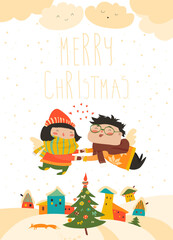 Stylish Christmas card in vector. Cute couple of angels flying above the houses