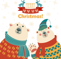 Two friends, polar bears say hello, vector greeting card