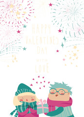 Boy gives a gift to the girl while fireworks in the sky. Vector Valentines card