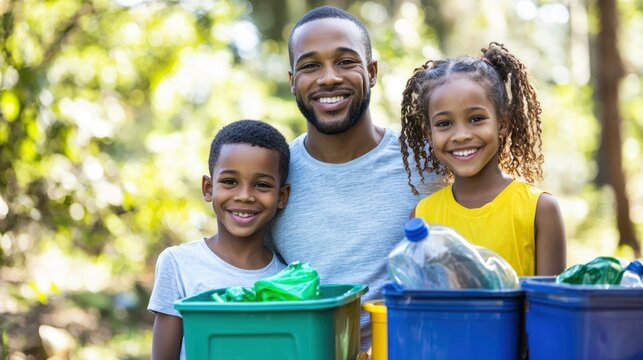 A family of three, consisting of a father, son, and daughter, standing outdoors in a lush green forest, holding a collection of recycling bins filled with various types of recyclable materials.