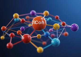 Network of colorful spheres connected by lines on blue background