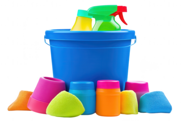 Colorful cleaning supplies in blue bucket isolated on transparent background