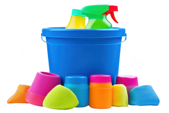 Colorful cleaning supplies in blue bucket isolated on transparent background - Powered by Adobe