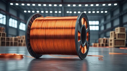 A large spool of orange copper wire sits in a brightly lit warehouse