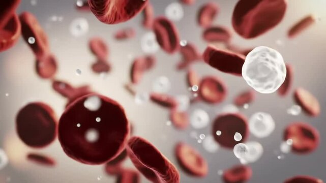 Photorealistic microscopic blood cells drifting and rotating in plasma, dynamic and organic motion