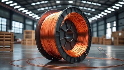 A large spool of orange copper wire sits in a brightly lit warehouse