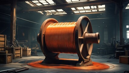 A large spool of orange copper wire sits in a brightly lit warehouse