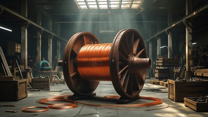 A large spool of orange copper wire sits in a brightly lit warehouse