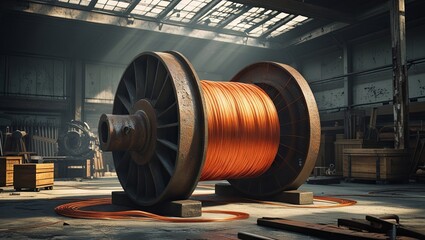 A large spool of orange copper wire sits in a brightly lit warehouse