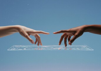 Connection beyond boundaries through hands reaching toward digital innovation in a serene sky Generative AI