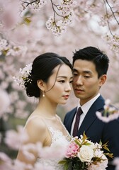 Couple embraces under blooming cherry blossoms during a romantic spring wedding celebration Generative AI