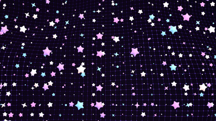 3D render colorful stars on wavy grid background.
