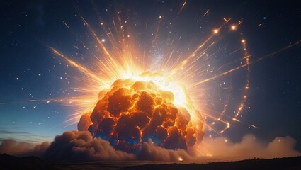 Meteorites burst apart high in the sky, creating a spectacular explosion of light and fragments against the dark night.