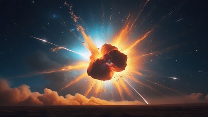 Meteorites burst apart high in the sky, creating a spectacular explosion of light and fragments against the dark night.