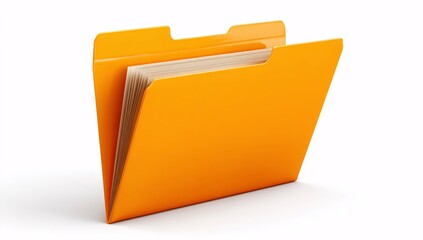 3D orange folder icon, paper document symbol, isolated on a white clean background.