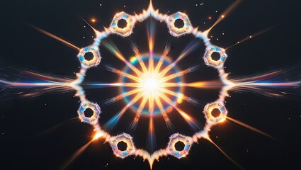 Light flare effect on a dark background. Abstract sunburst showcasing digital lens flare with circular and hexagonal patterns, accompanied by a colorful rainbow halo.