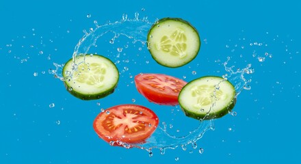 Fresh vegetables splash in clear water creating vibrant ripples in a bright blue background Generative AI
