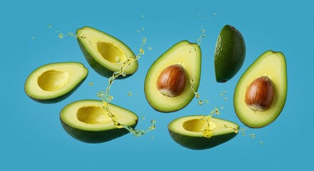 Sliced avocados dance in vibrant splash against a striking blue backdrop celebrating freshness and flavor Generative AI
