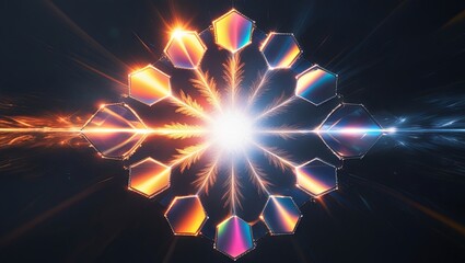 Light flare effect on a dark background. Abstract sunburst showcasing digital lens flare with circular and hexagonal patterns, accompanied by a colorful rainbow halo.