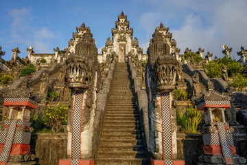 Majestic view of the Lempuyang Temple staircase with traditional Balinese stone carvings and dragon statues in Bali, Indonesia
