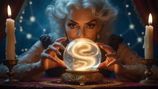 A mystical fortune teller woman peers into a crystal ball, glimpsing visions of the future with a sense of wonder and mystery
