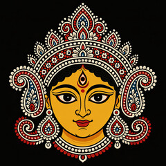 Artistic illustration of goddess durga with traditional indian religious decorative elements
