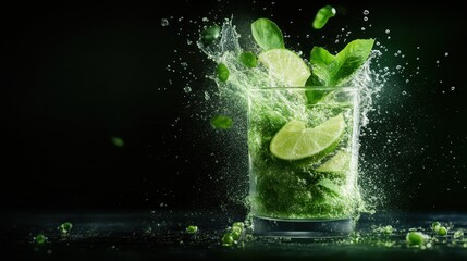 A refreshing drink featuring slices of lime and fresh mint splashes in a glass, creatively captured with dynamic movement and vibrant colors, inspiring rejuvenation and relaxation.