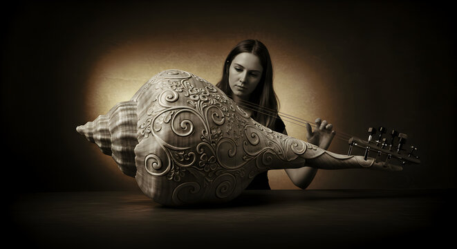 Seashell Photography: Girl with Giant Conch Shell, Dramatic Lighting, Sepia Tone on transparent background