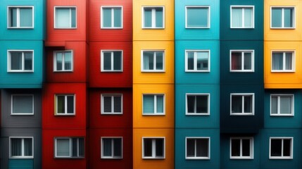 Obraz premium This vibrant image portrays a close-up of a colorful apartment building facade, highlighting urban design and aesthetic appeal in contemporary city living for its charm.
