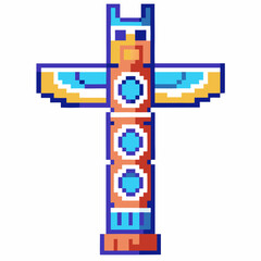 Colorful pixel art totem pole with symmetrical tribal design and bold geometric patterns