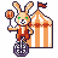 Fototapeta premium pixelated bunny juggler on unicycle, circus tent retro 8 bit carnival animal, whimsical fun, nostalgic gaming art