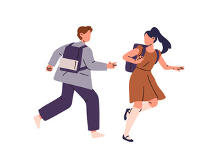 Obraz premium Happy friends with backpacks play tag at school. Cute students with schoolbags run together. Children, kids have fun. Little boy catches up girl. Flat isolated vector illustration on white background