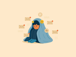 Overwhelmed by Notifications.  Woman Hiding Under Blanket with Email Notifications.